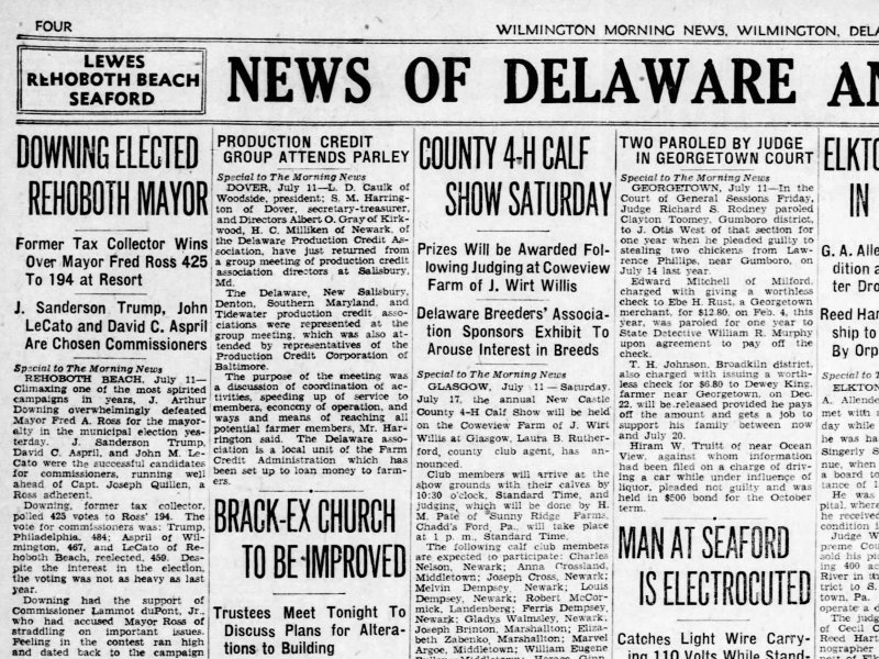 This story from July 12, 1937, features the results of the election in Rehoboth a few days before. It says J. Sanderson Trump was elected as commissioner. SOURCE: WILMINGTON MORNING NEWS